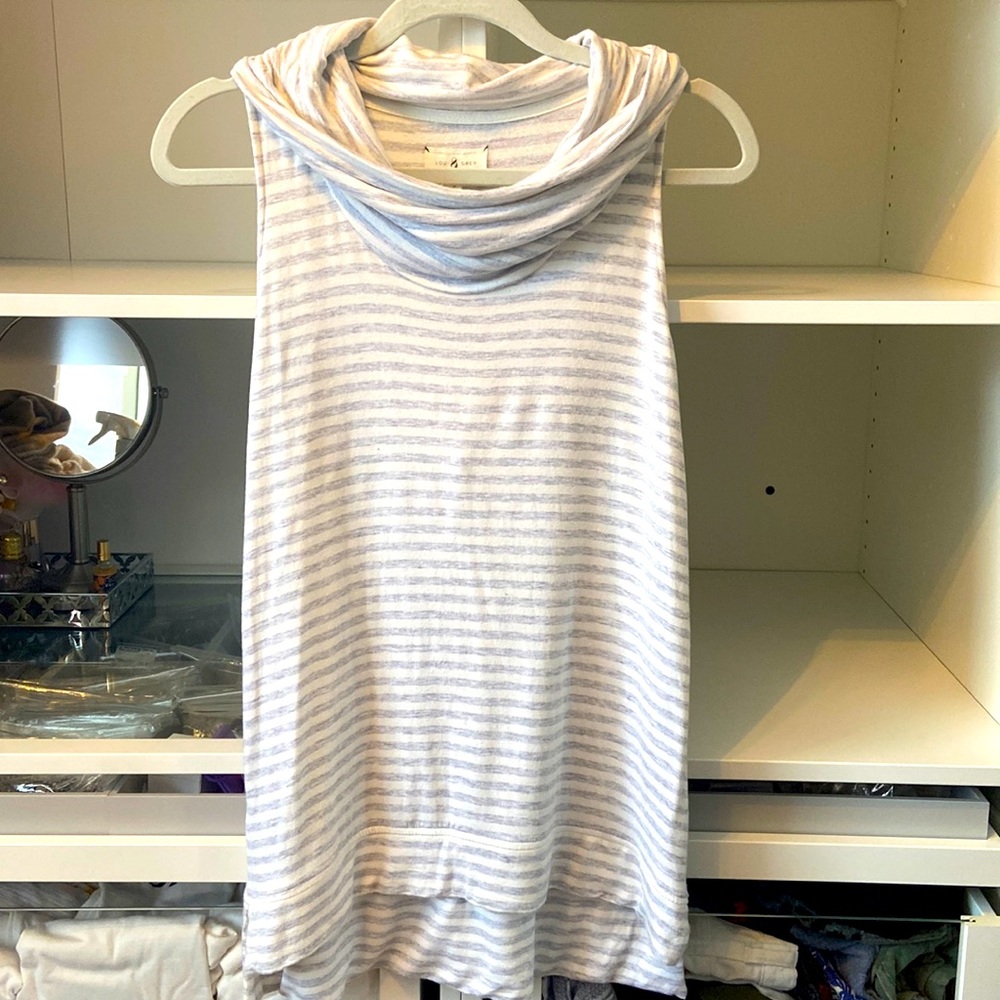 Blue and gray sleeveless cowlneck striped tunic